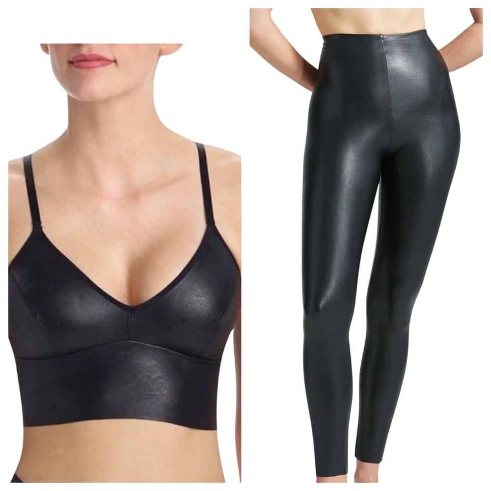 COMMANDO Leggings & Bralette set, Faux Leather Black, Size M